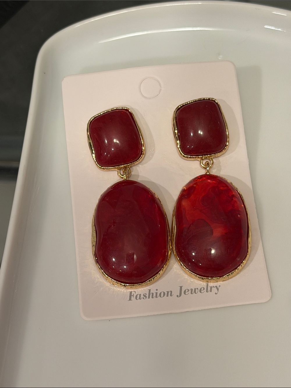 Fashion Jewelry Deep Red Gold-Trim Drop Earrings